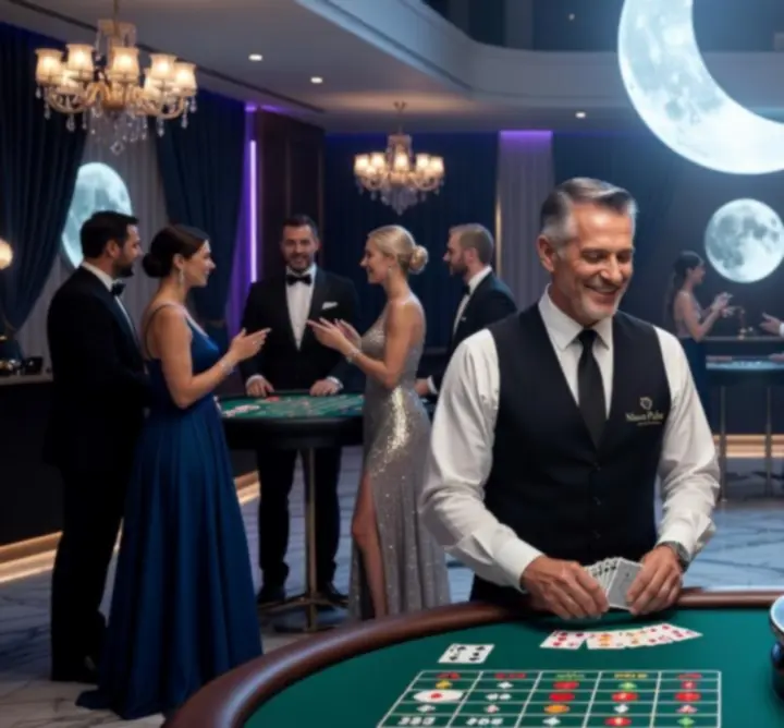 Profesjonalni dealerzy Moon Pulse Venue przy eleganckich stołach eventowych
