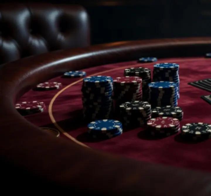 Elegancki stół pokerowy z luksusowymi żetonami i kartami w nastrojowym oświetleniu
